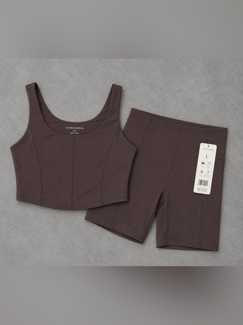 NWT - Harmony Balance Gray 2 Piece Set Biker Shorts & Top W/ Built In Bra